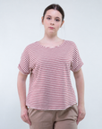 T-SHIRT M/C CON BOTTONI IN VISCOSA RIGATA / MILITARE/PANNA