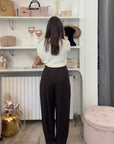 PANTALONE CON PIEGA SUL FONDO IN LINO VISCOSA / CIOCCOLATO