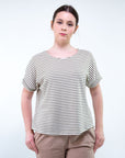 T-SHIRT M/C CON BOTTONI IN VISCOSA RIGATA / MILITARE/PANNA