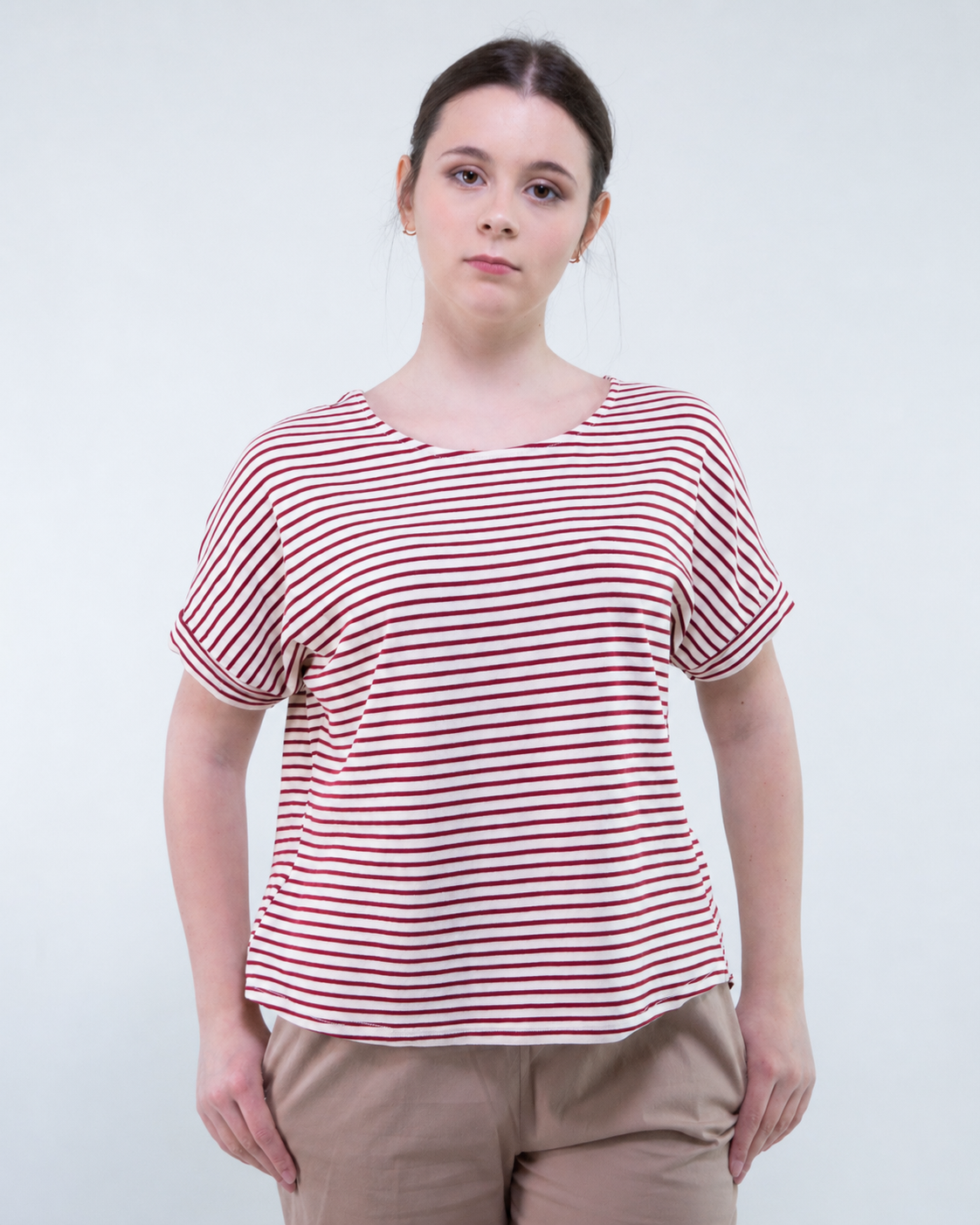 T-SHIRT M/C CON BOTTONI IN VISCOSA RIGATA / MILITARE/PANNA