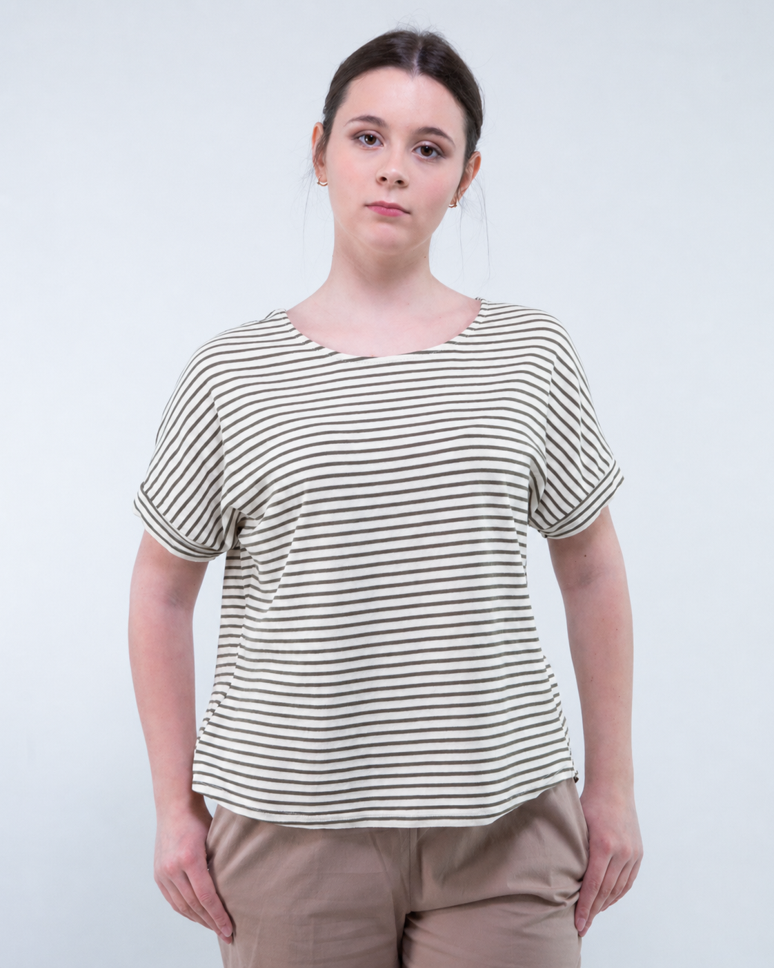 T-SHIRT M/C CON BOTTONI IN VISCOSA RIGATA / MILITARE/PANNA
