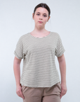 T-SHIRT M/C CON BOTTONI IN VISCOSA RIGATA / MILITARE/PANNA