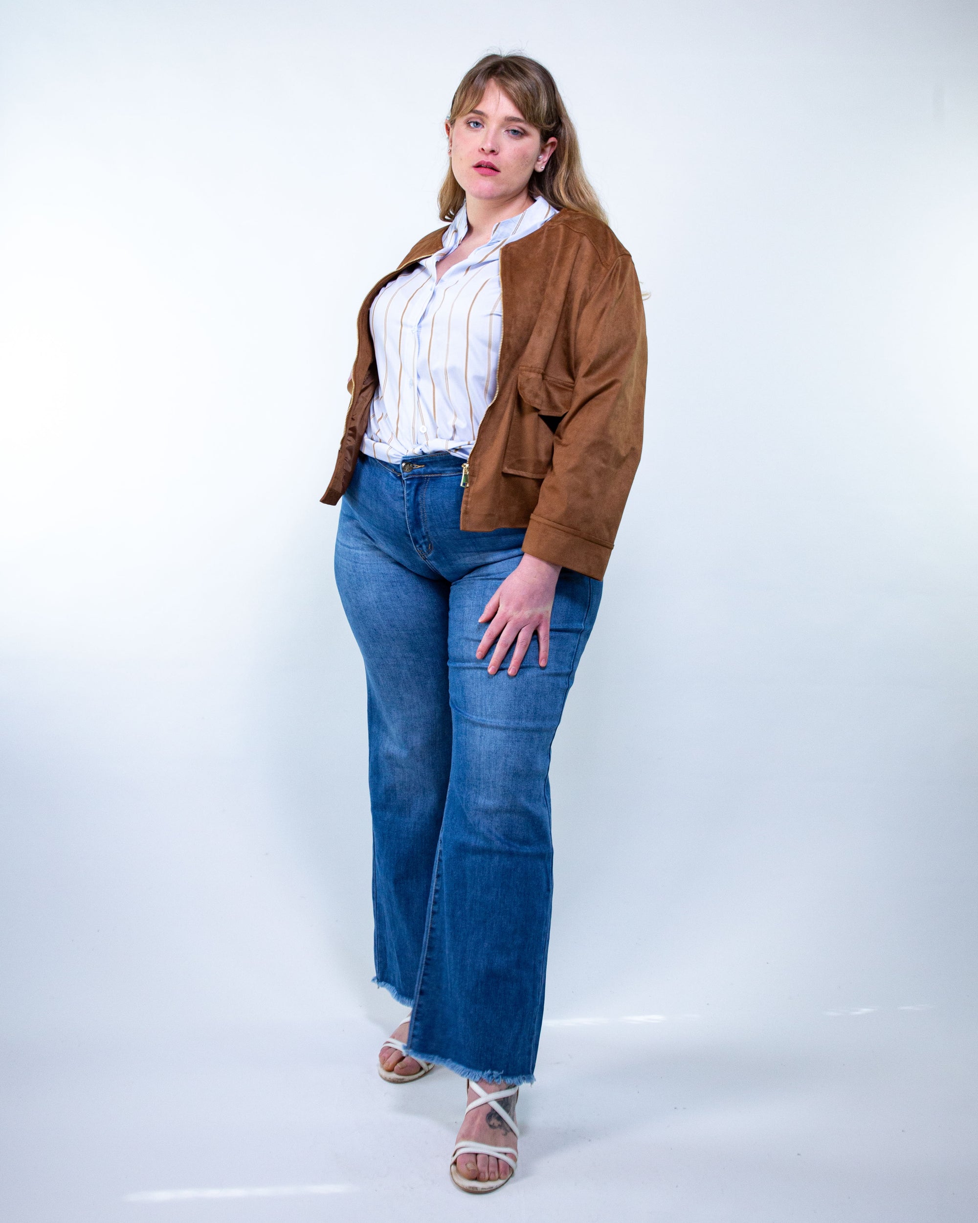 Camicia m/c a righe polvere-cognac vestibilità over