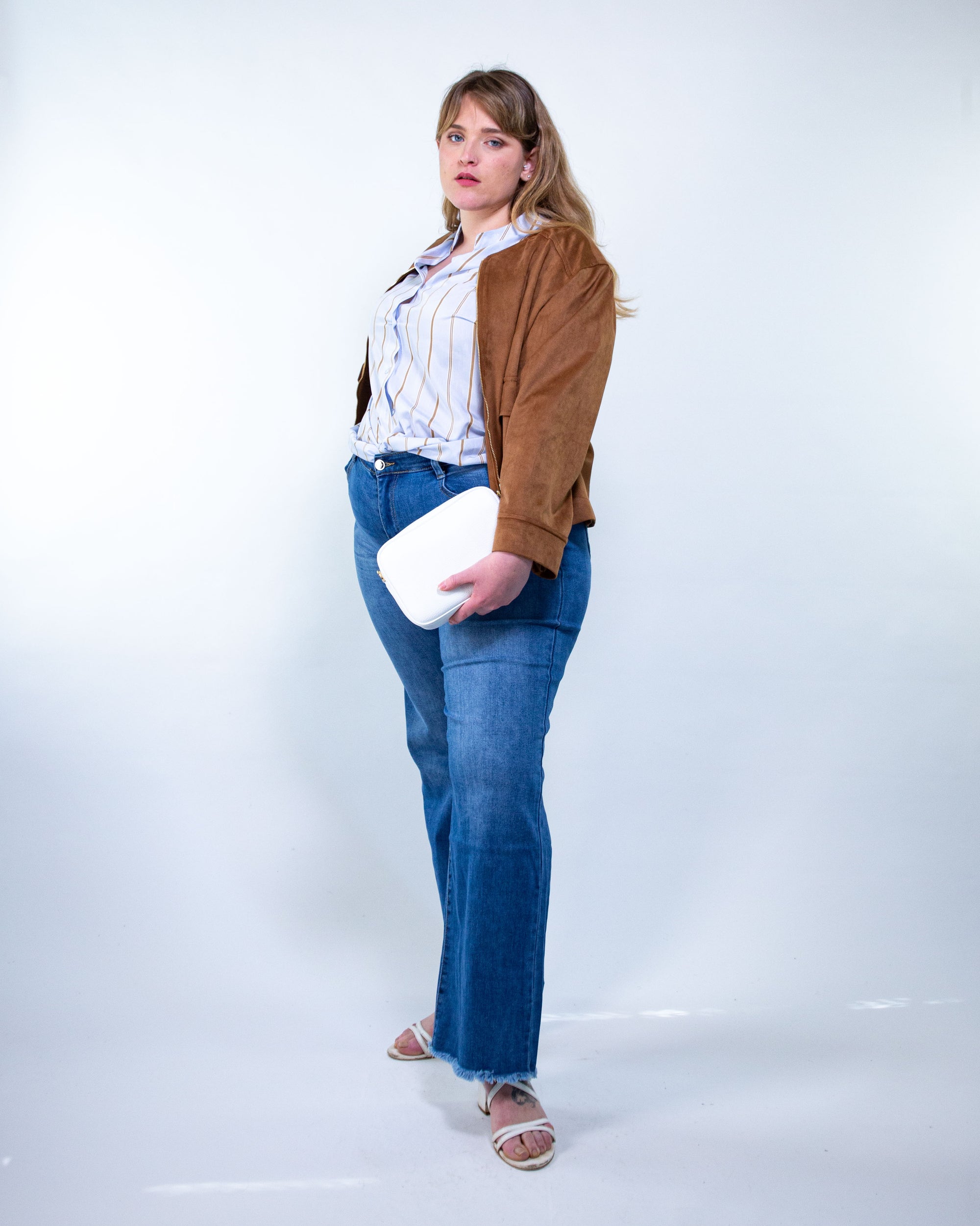 Camicia m/c a righe polvere-cognac vestibilità over