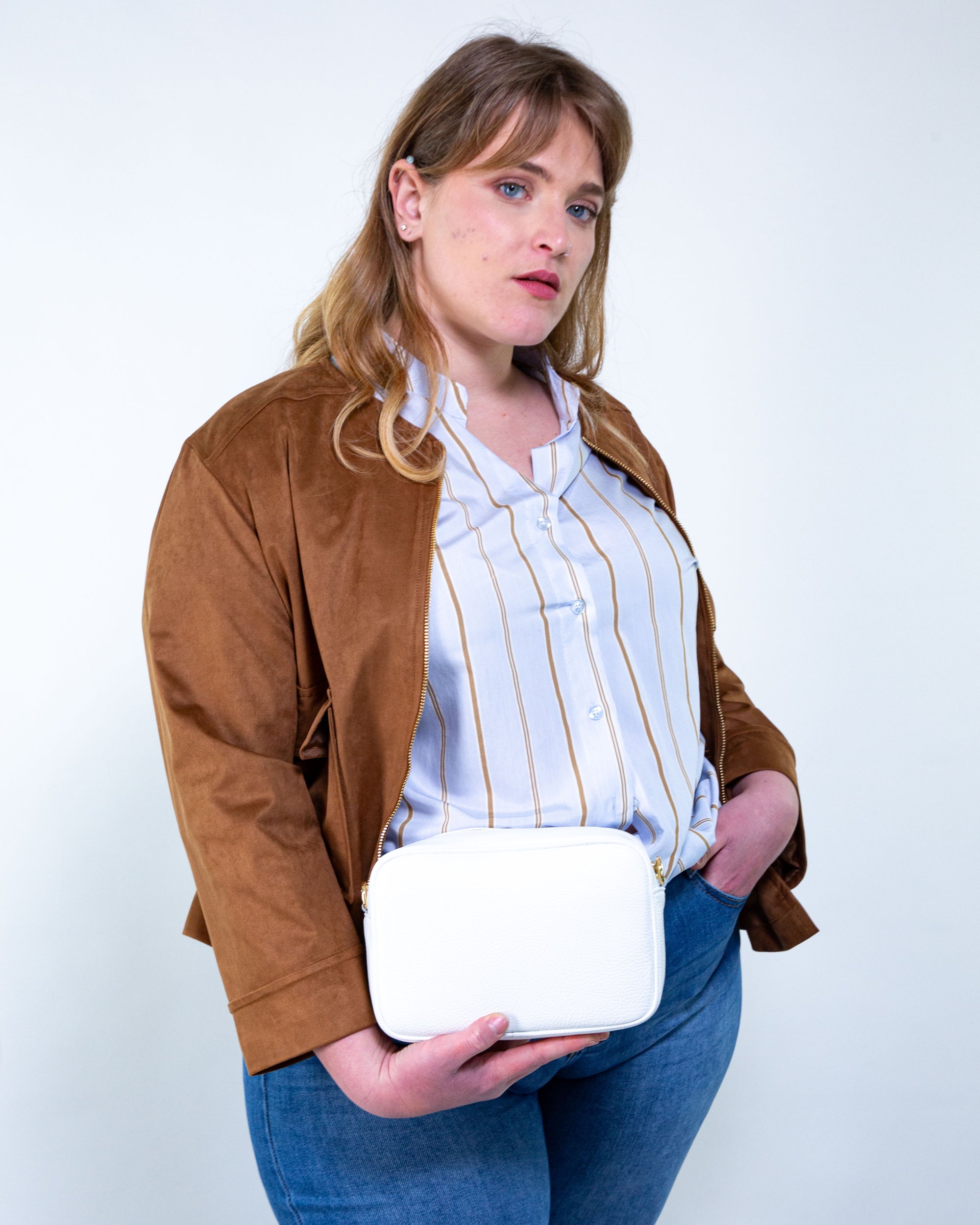 Camicia m/c a righe polvere-cognac vestibilità over