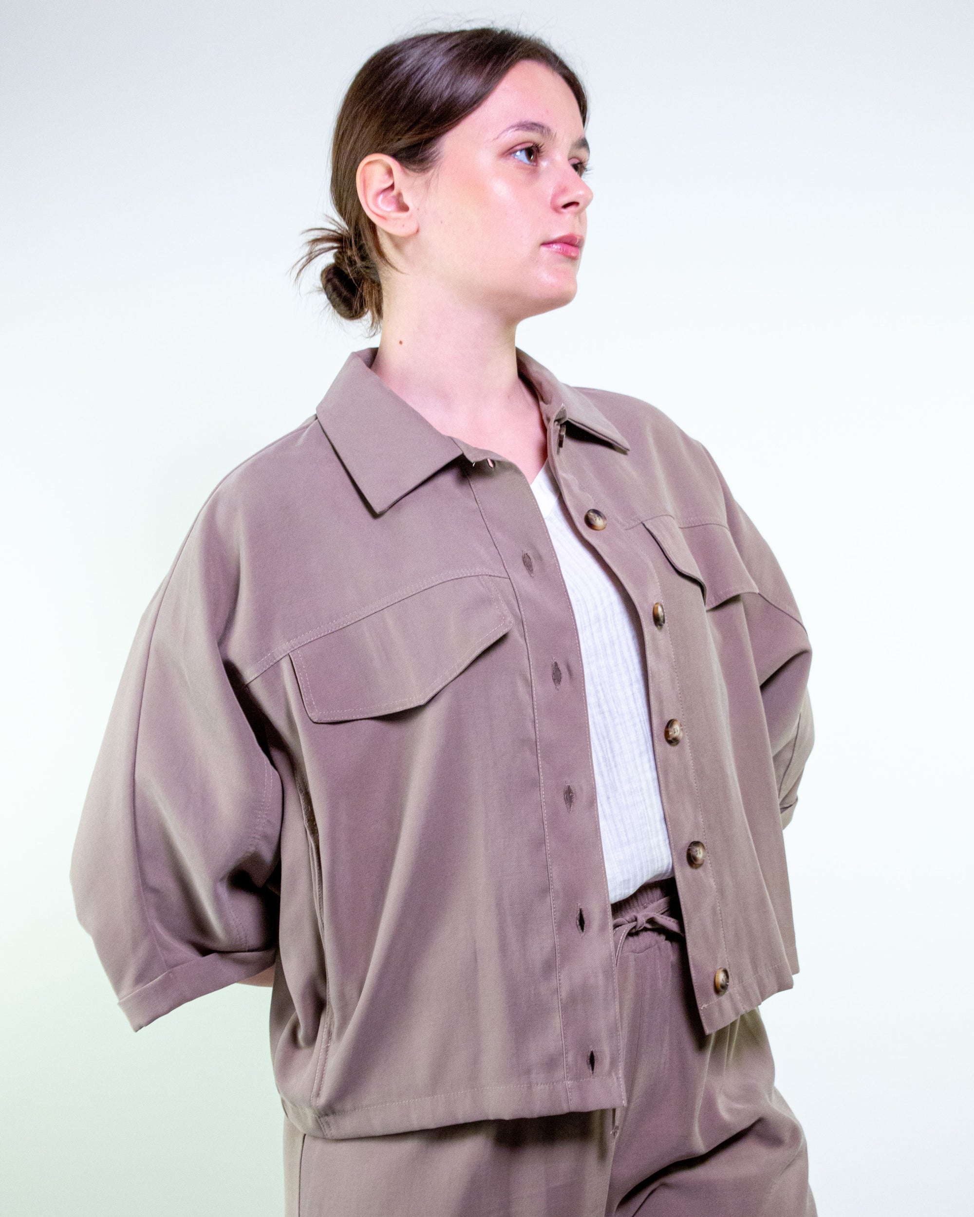 Giacca camicia con manica 3/4 in twill di viscosa