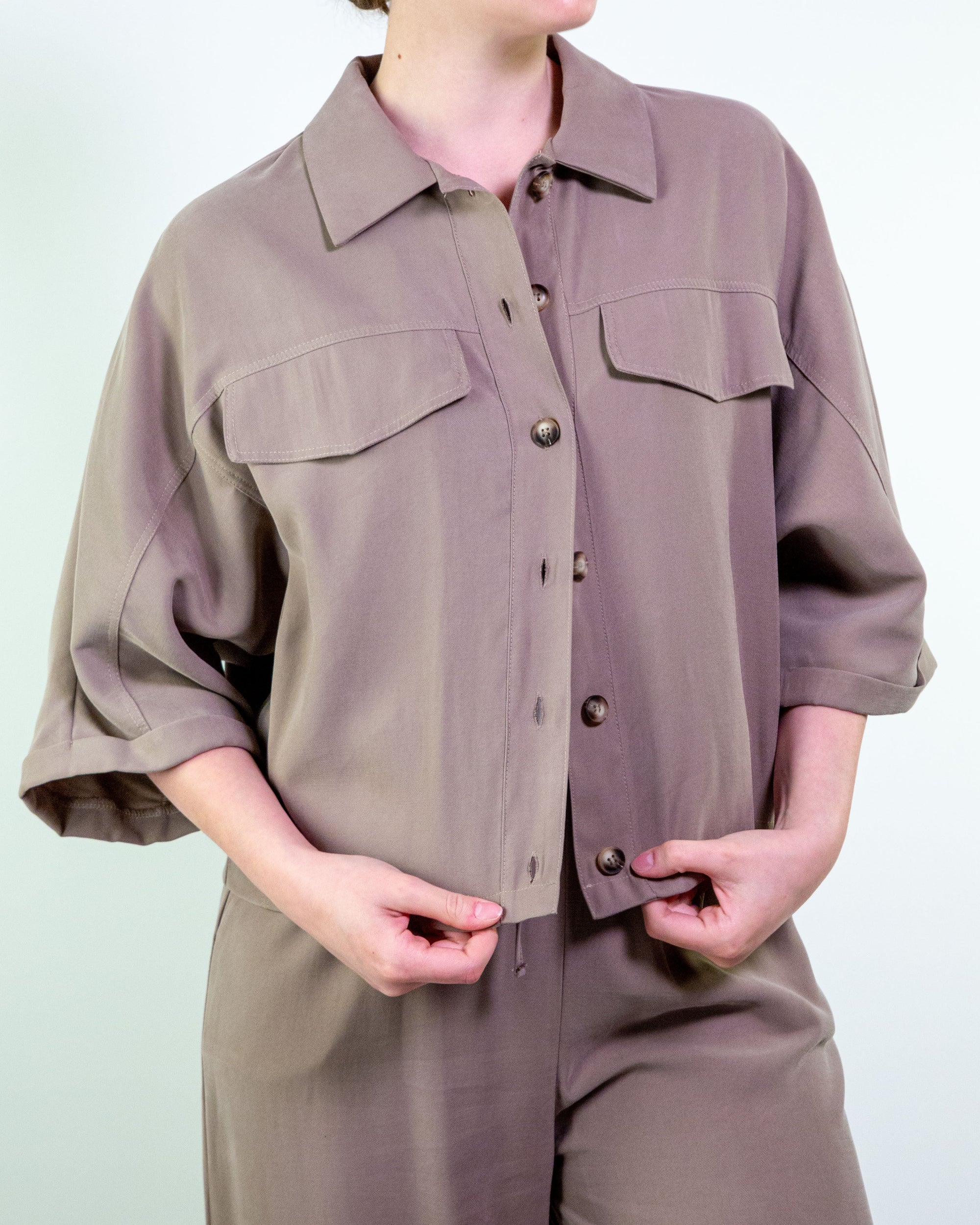 Giacca camicia con manica 3/4 in twill di viscosa