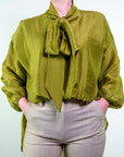 Blusa asimmetrica manica lunga con dettaglio fiocco in cotone-lino