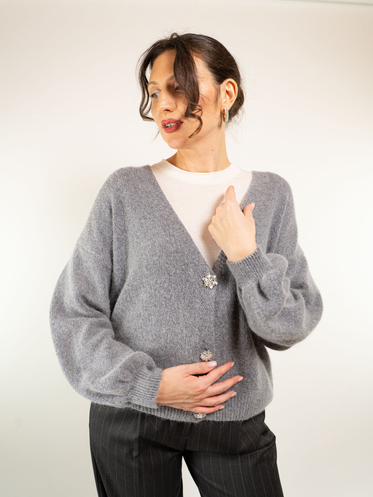 CARDIGAN MISTO LANA BOTTONE GIOIELLO