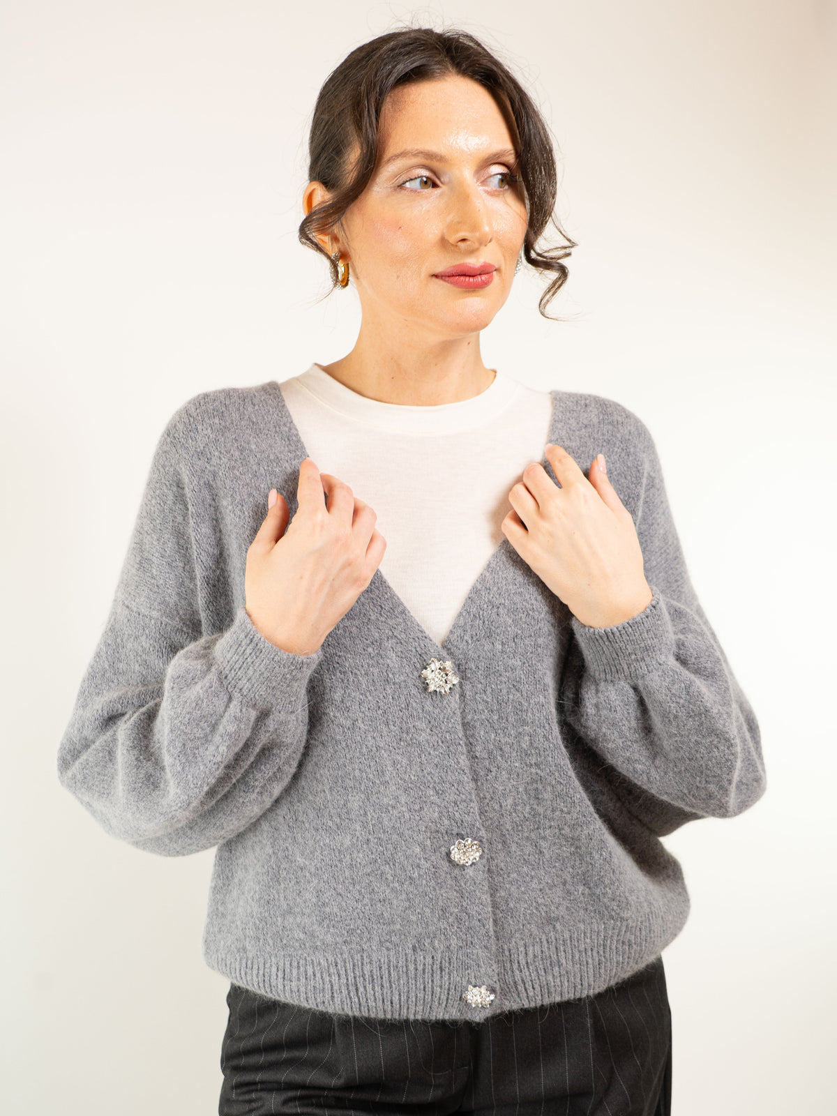 CARDIGAN MISTO LANA BOTTONE GIOIELLO