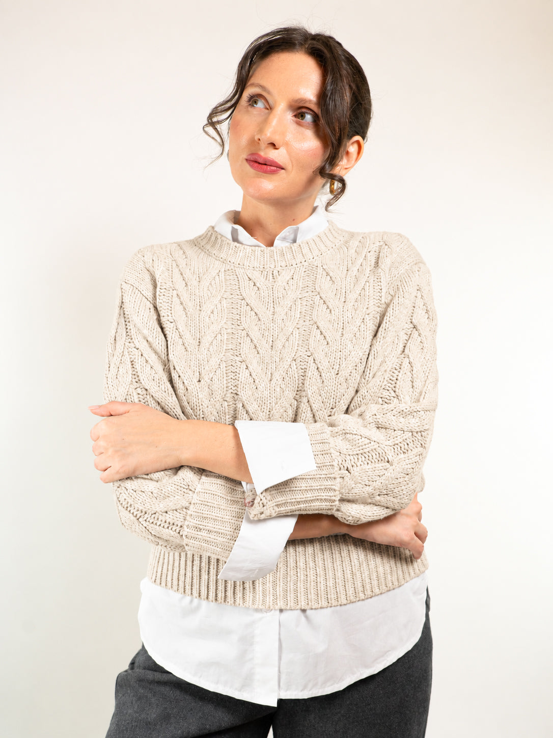 MAGLIA GIROCOLLO MOTIVO A TRECCIE MISTO LANA