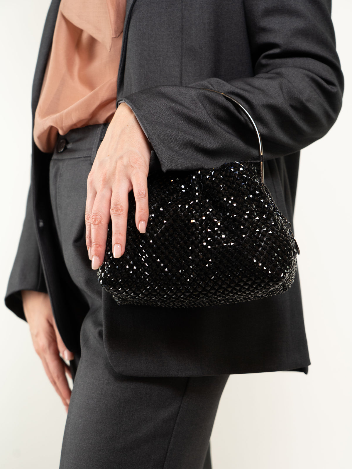 BORSA MORBIDA DI STRASS CON MANICO RIGIDO
