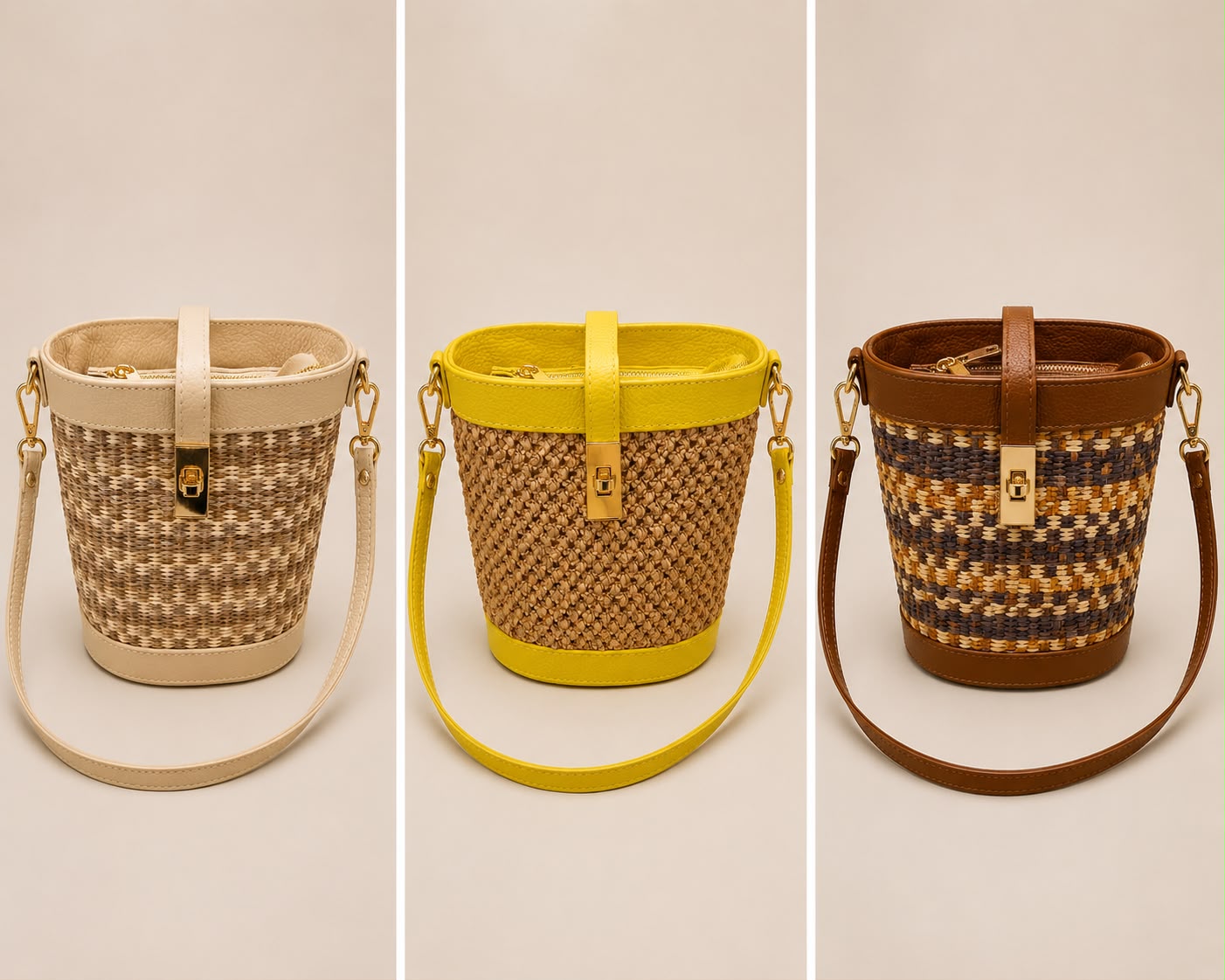 Borsa secchiello in pelle e rafia con tracolla