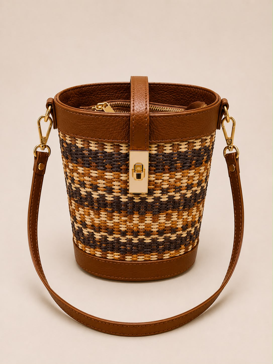 Borsa secchiello in pelle e rafia con tracolla